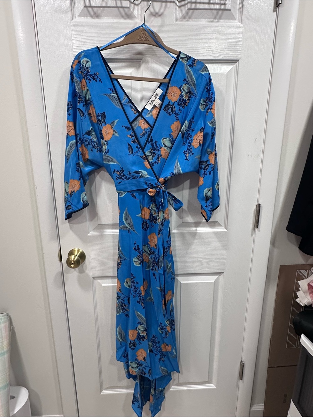 Diane Von Furstenberg Cerulean Blue Silk Floral Wrap Dress with Peach Blooms